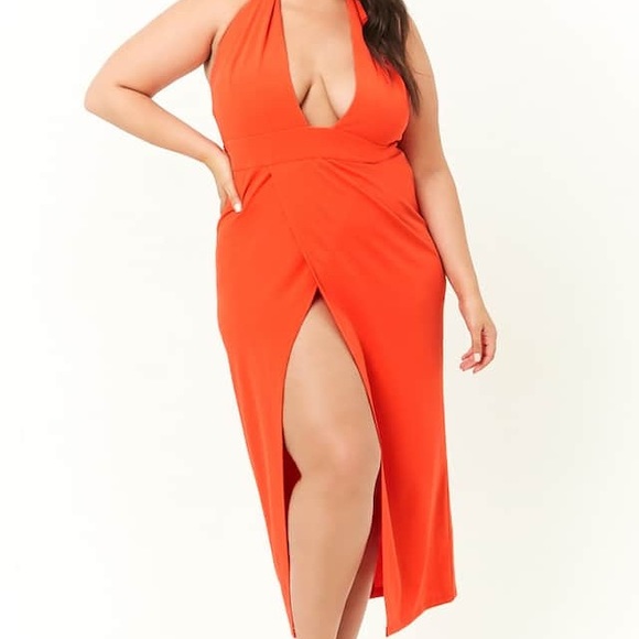 red halter midi dress